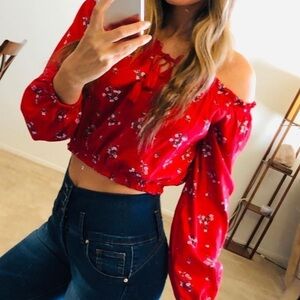 Women’s Red Floral Long Sleeves Off Shoulders CropTop With elastic Band Size M